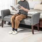 Beige Button-Tufted Upholstered Bench with Arms - 55