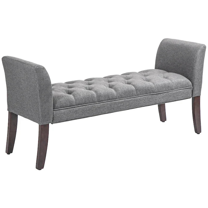 Beige Button-Tufted Upholstered Bench with Arms - 55