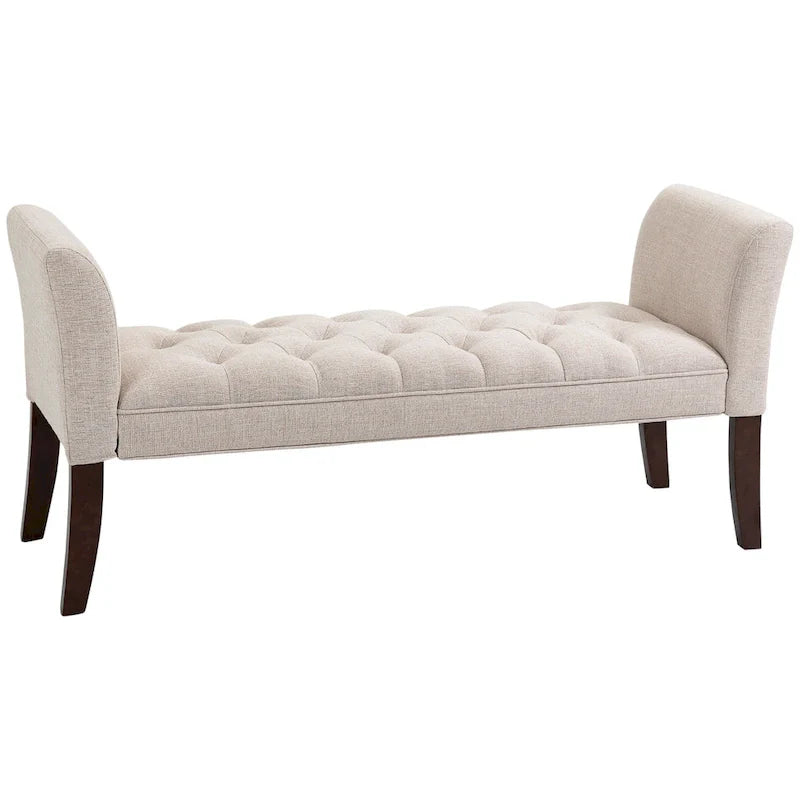 Beige Button-Tufted Upholstered Bench with Arms - 55