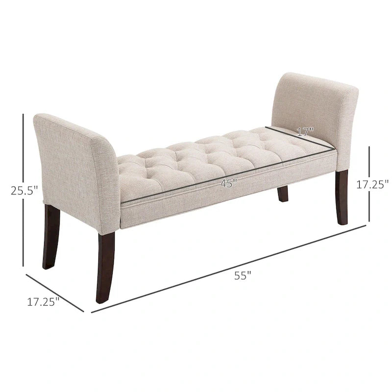 Beige Button-Tufted Upholstered Bench with Arms - 55