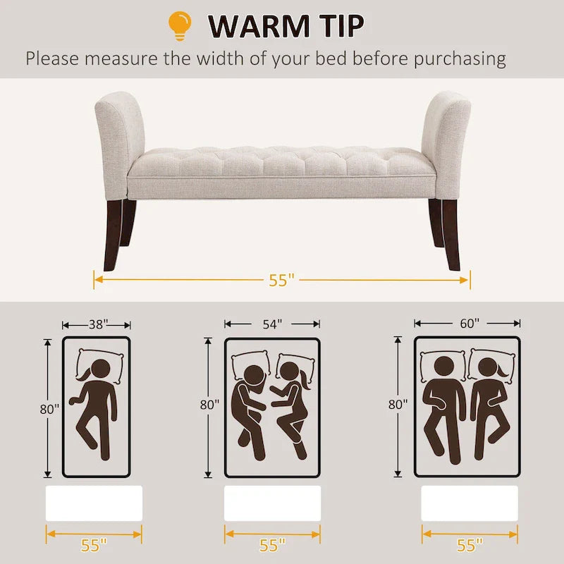 Beige Button-Tufted Upholstered Bench with Arms - 55