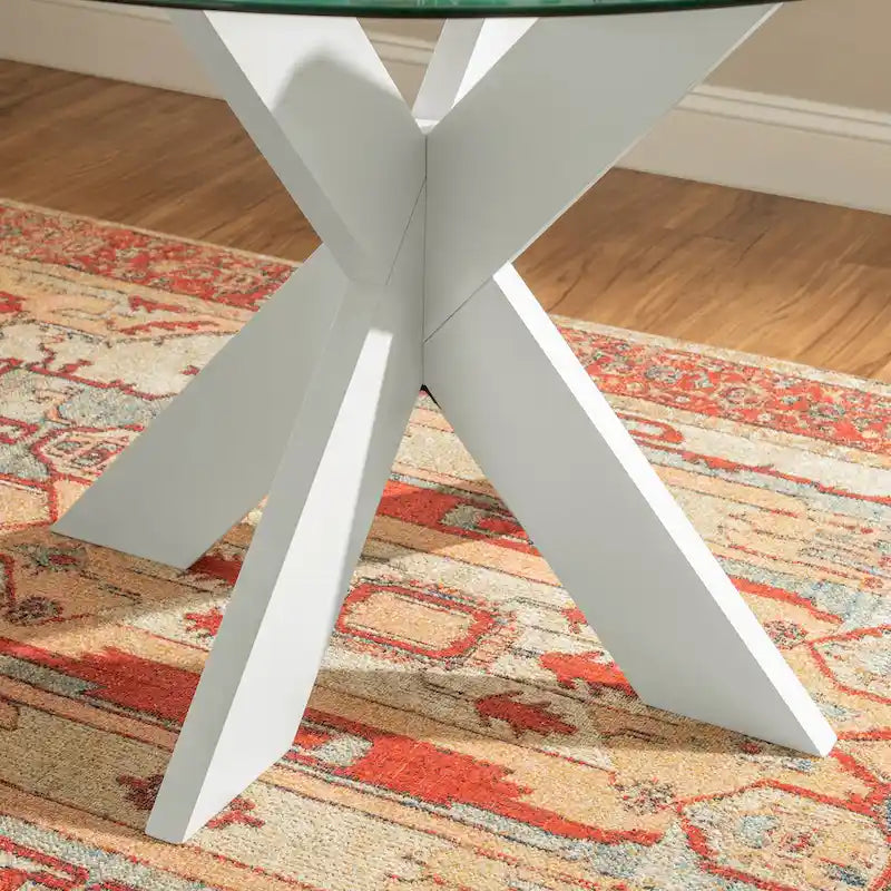 White Round Glass Dining Table for 4 with X-Base