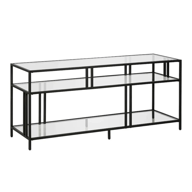 Black Steel 55 Industrial TV Stand with Glass Shelves