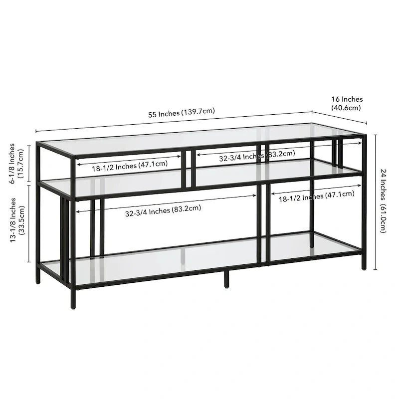 Black Steel 55 Industrial TV Stand with Glass Shelves