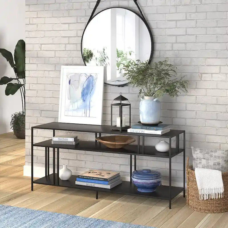 Black Steel 55 Industrial TV Stand with Glass Shelves