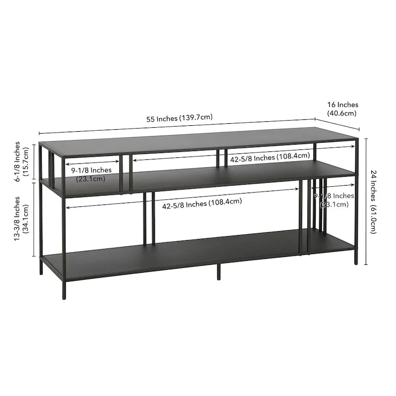 Black Steel 55 Industrial TV Stand with Glass Shelves