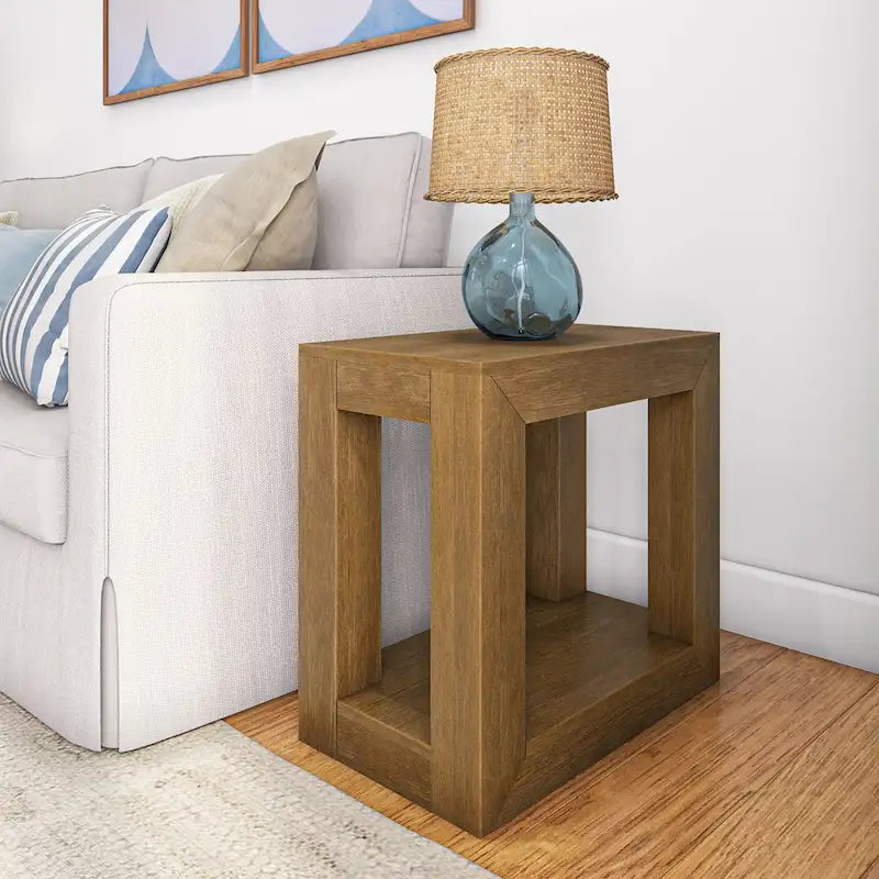 Natural Wood Rectangular Side Table with Bottom Shelf