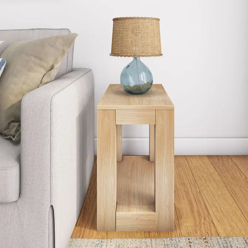 Natural Wood Rectangular Side Table with Bottom Shelf