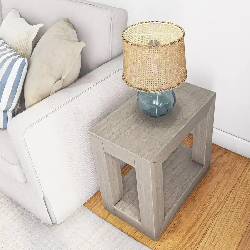 Natural Wood Rectangular Side Table with Bottom Shelf