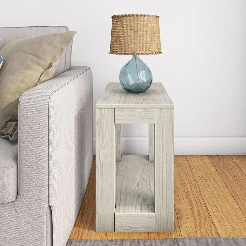 Natural Wood Rectangular Side Table with Bottom Shelf