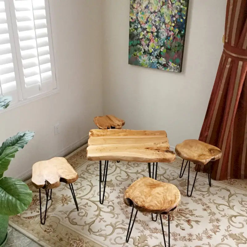 Brown & Red Live-Edge Cedar Coffee Table – Black Hairpin Legs – 3 Sizes