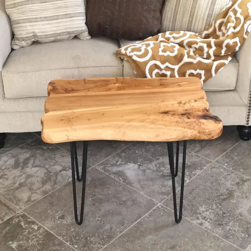 Brown & Red Live-Edge Cedar Coffee Table – Black Hairpin Legs – 3 Sizes