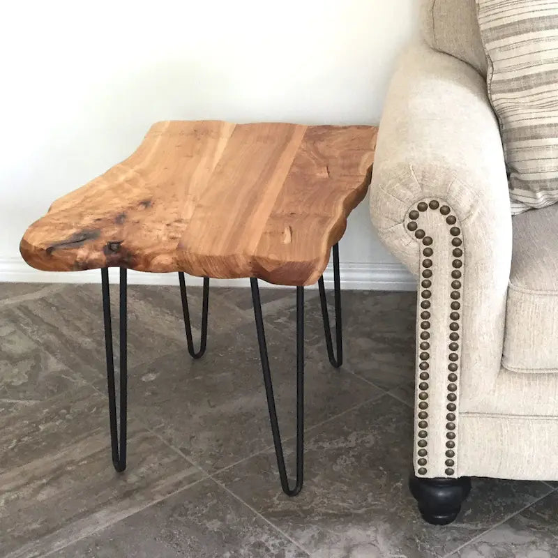 Brown & Red Live-Edge Cedar Coffee Table – Black Hairpin Legs – 3 Sizes