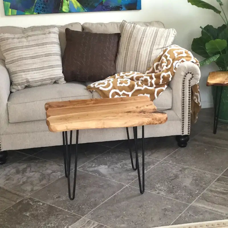 Brown & Red Live-Edge Cedar Coffee Table – Black Hairpin Legs – 3 Sizes