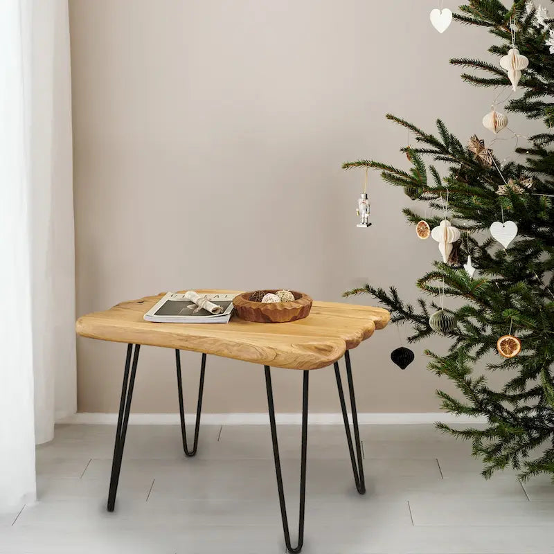 Brown & Red Live-Edge Cedar Coffee Table – Black Hairpin Legs – 3 Sizes