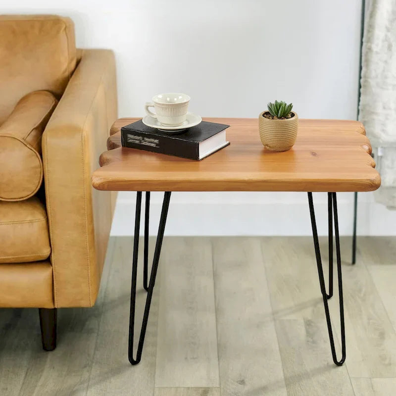 Brown & Red Live-Edge Cedar Coffee Table – Black Hairpin Legs – 3 Sizes