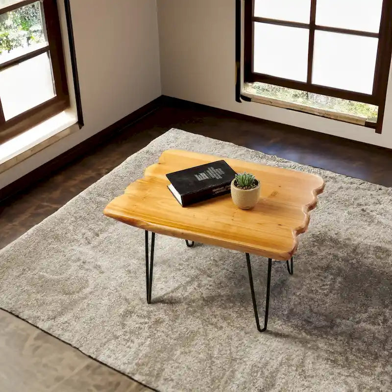 Brown & Red Live-Edge Cedar Coffee Table – Black Hairpin Legs – 3 Sizes