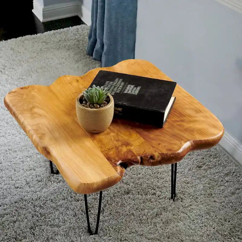 Brown & Red Live-Edge Cedar Coffee Table – Black Hairpin Legs – 3 Sizes