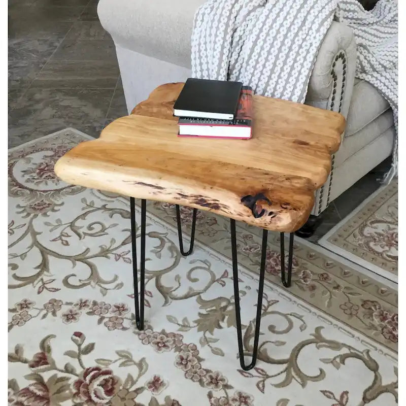 Brown & Red Live-Edge Cedar Coffee Table – Black Hairpin Legs – 3 Sizes