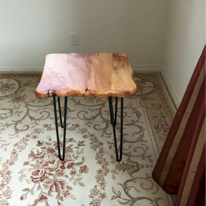 Brown & Red Live-Edge Cedar Coffee Table – Black Hairpin Legs – 3 Sizes