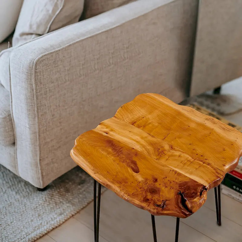 Brown & Red Live-Edge Cedar Coffee Table – Black Hairpin Legs – 3 Sizes