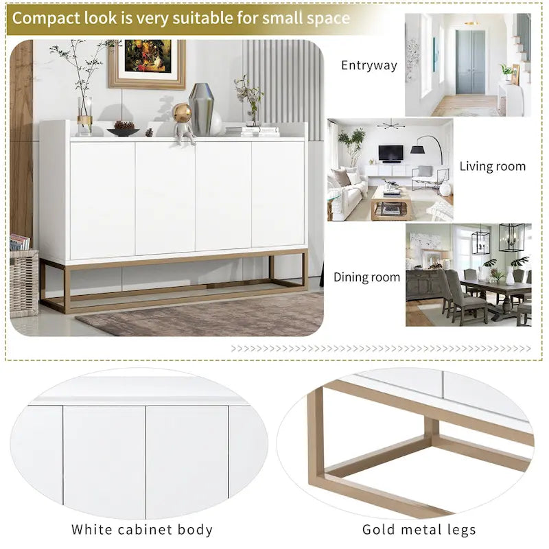 White Buffet Cabinet with Gold Legs for 4-6 People