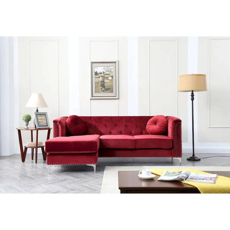 Velvet Button-Tufted Sofa with Reversible Chaise for 3-4 People