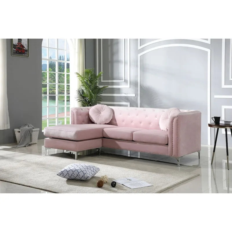 Velvet Button-Tufted Sofa with Reversible Chaise for 3-4 People