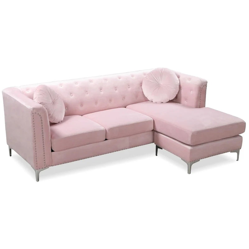 Velvet Button-Tufted Sofa with Reversible Chaise for 3-4 People