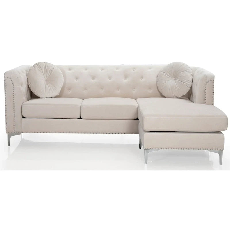 Velvet Button-Tufted Sofa with Reversible Chaise for 3-4 People