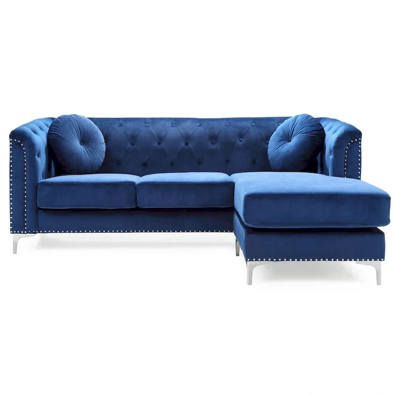 Velvet Button-Tufted Sofa with Reversible Chaise for 3-4 People