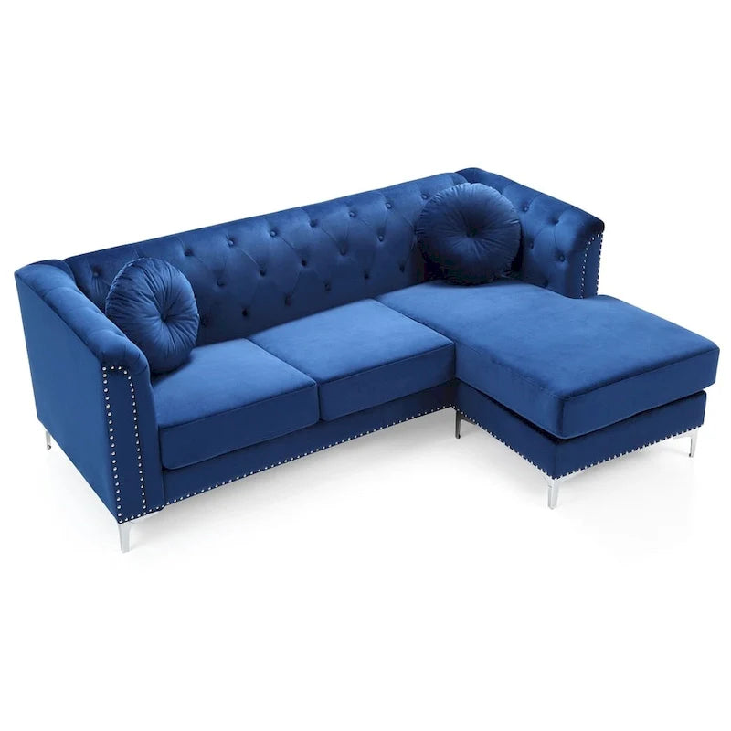 Velvet Button-Tufted Sofa with Reversible Chaise for 3-4 People