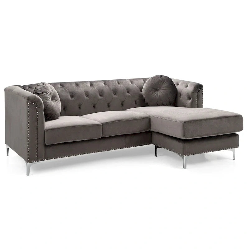 Velvet Button-Tufted Sofa with Reversible Chaise for 3-4 People