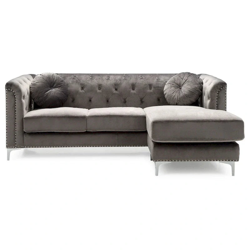 Velvet Button-Tufted Sofa with Reversible Chaise for 3-4 People