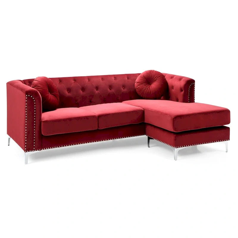 Velvet Button-Tufted Sofa with Reversible Chaise for 3-4 People