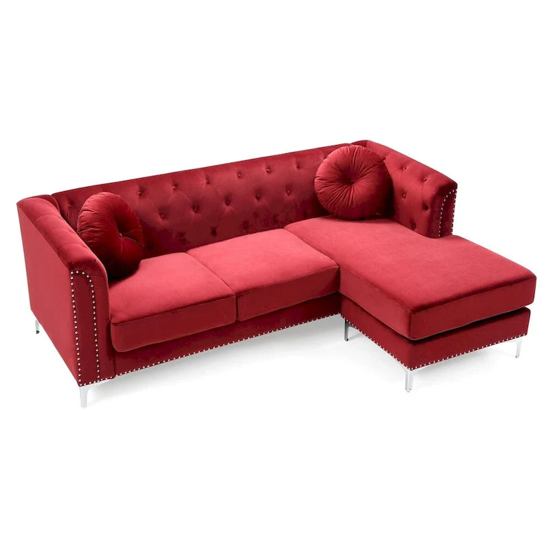 Velvet Button-Tufted Sofa with Reversible Chaise for 3-4 People