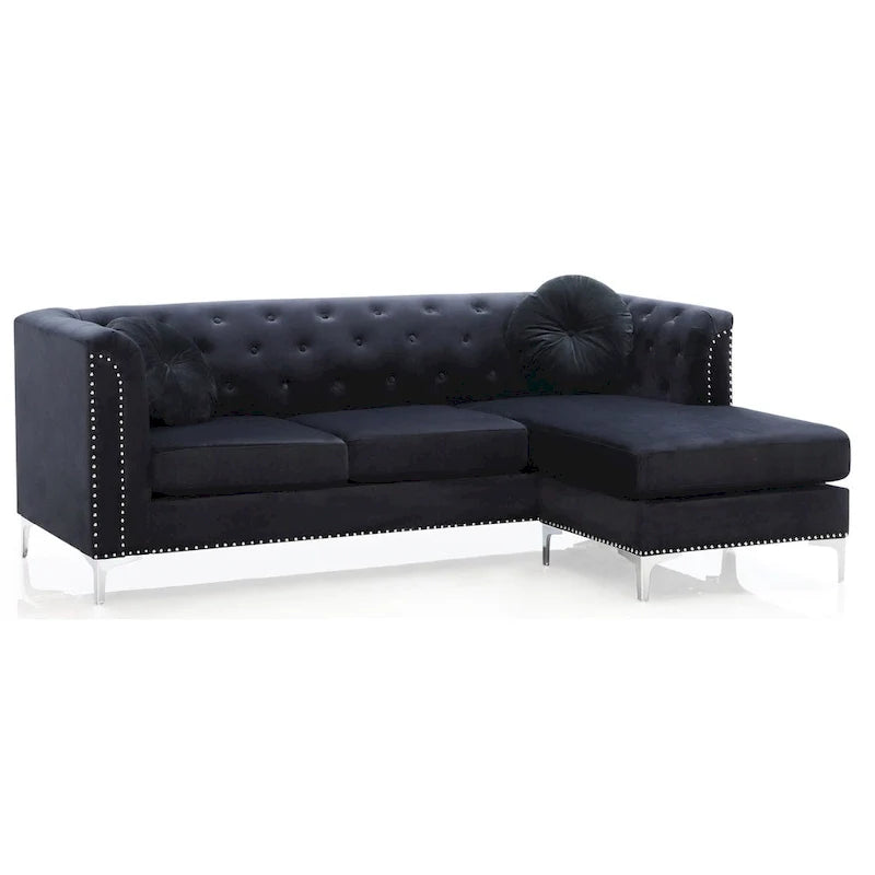 Velvet Button-Tufted Sofa with Reversible Chaise for 3-4 People