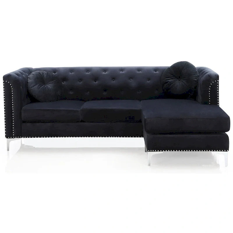 Velvet Button-Tufted Sofa with Reversible Chaise for 3-4 People