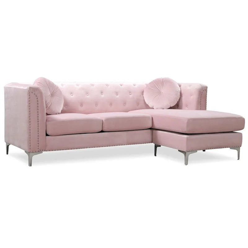 Velvet Button-Tufted Sofa with Reversible Chaise for 3-4 People