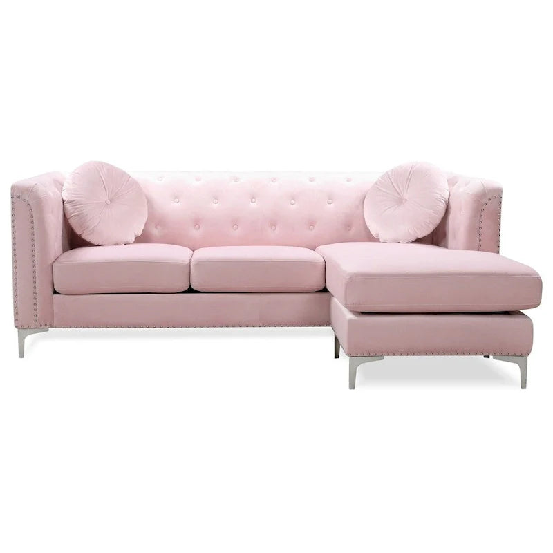Velvet Button-Tufted Sofa with Reversible Chaise for 3-4 People