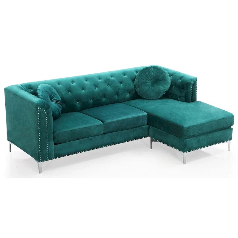 Velvet Button-Tufted Sofa with Reversible Chaise for 3-4 People