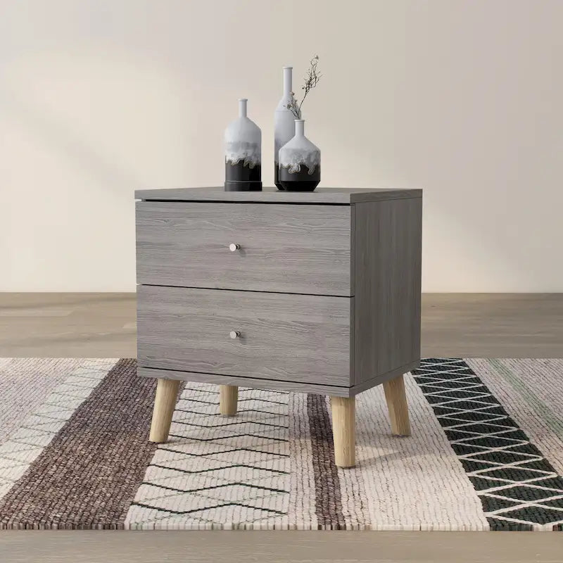 Grey Mid-Century Modern 2-Drawer Nightstand