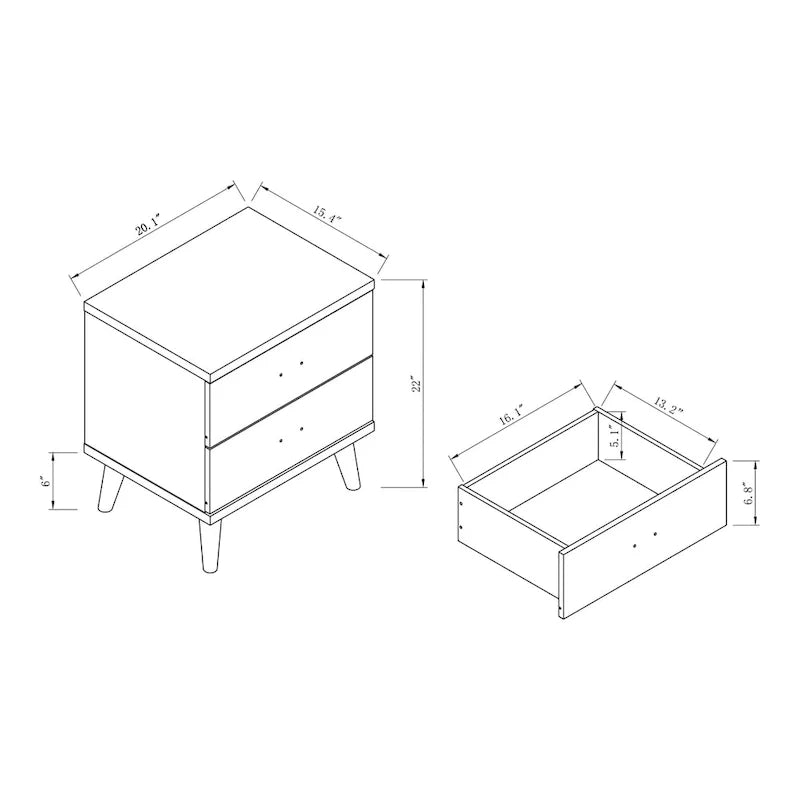 Grey Mid-Century Modern 2-Drawer Nightstand