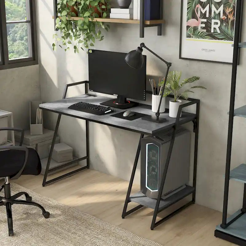 Light Grey / Antique White Industrial Computer Desk – Black Steel Frame, Single, with USB Ports