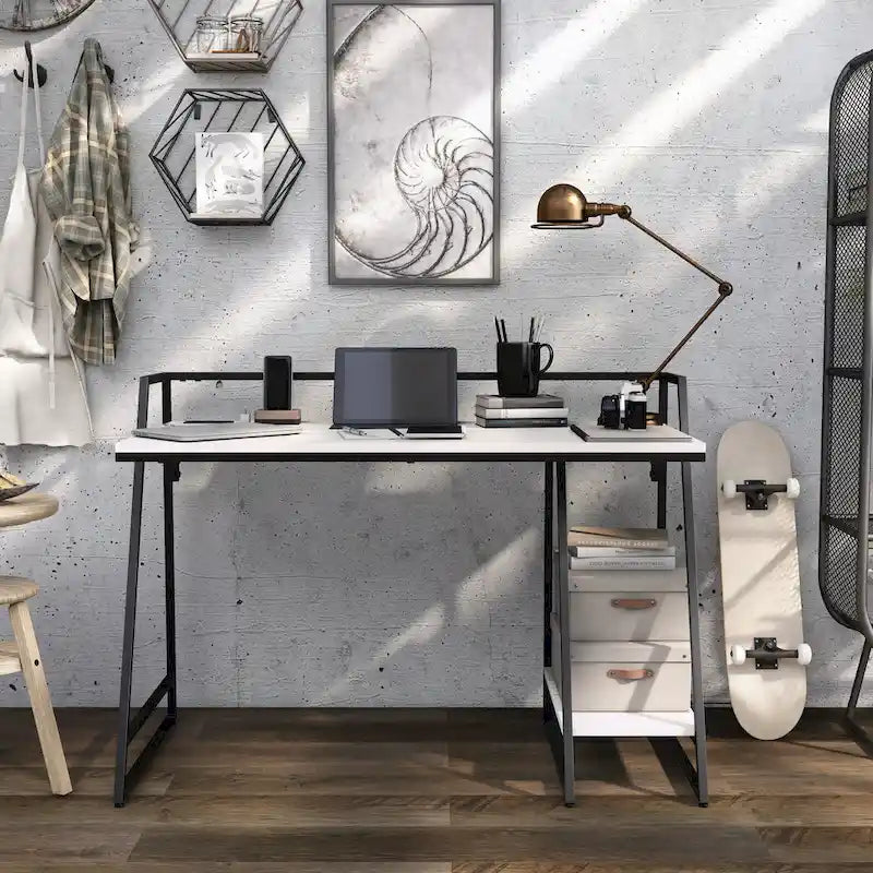 Light Grey / Antique White Industrial Computer Desk – Black Steel Frame, Single, with USB Ports