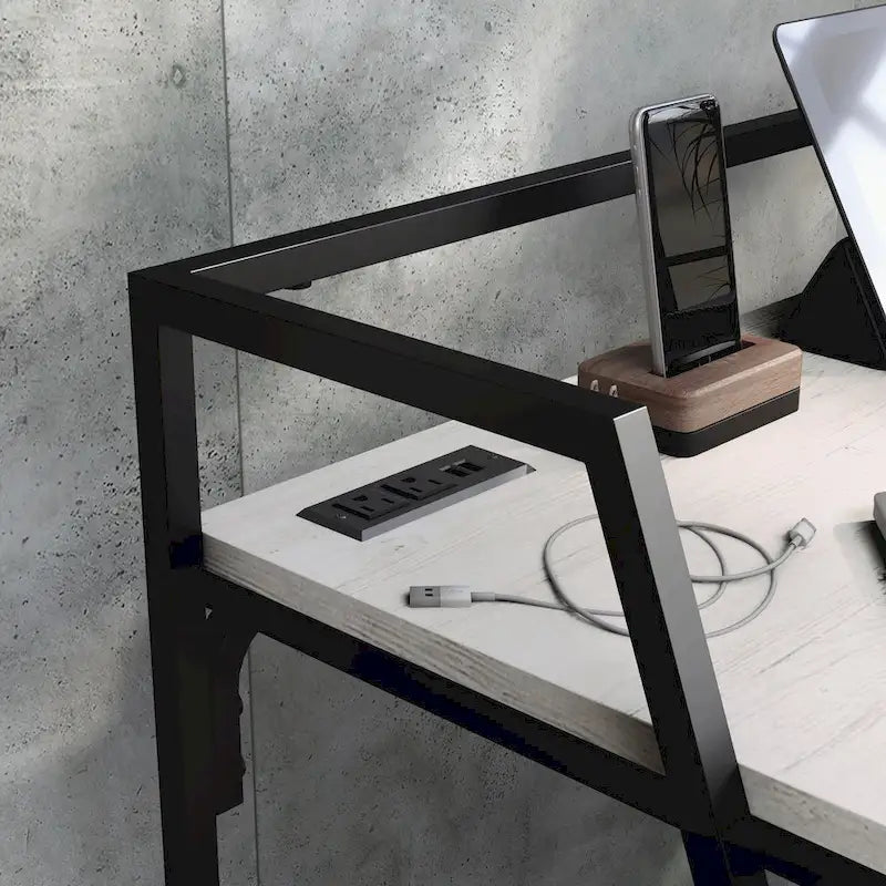 Light Grey / Antique White Industrial Computer Desk – Black Steel Frame, Single, with USB Ports