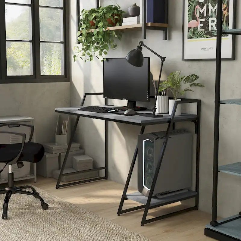 Light Grey / Antique White Industrial Computer Desk – Black Steel Frame, Single, with USB Ports