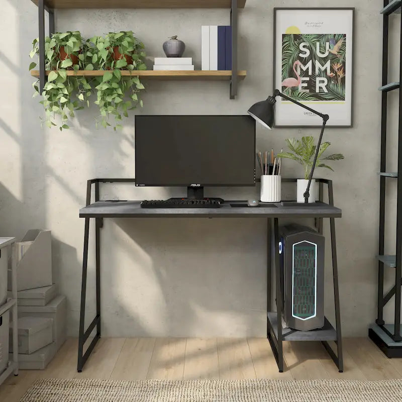 Light Grey / Antique White Industrial Computer Desk – Black Steel Frame, Single, with USB Ports