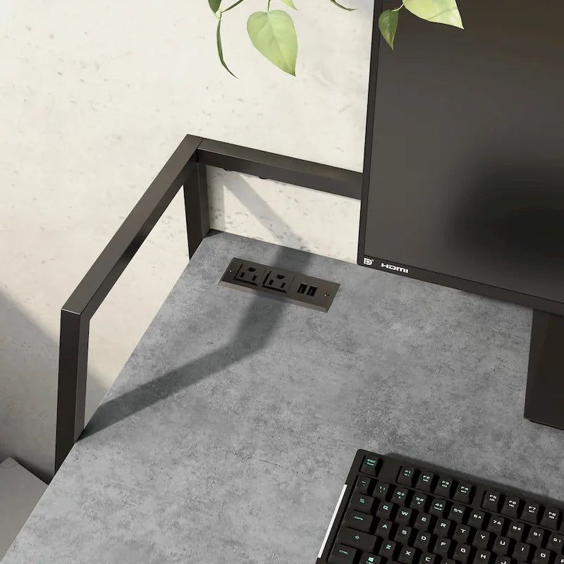 Light Grey / Antique White Industrial Computer Desk – Black Steel Frame, Single, with USB Ports