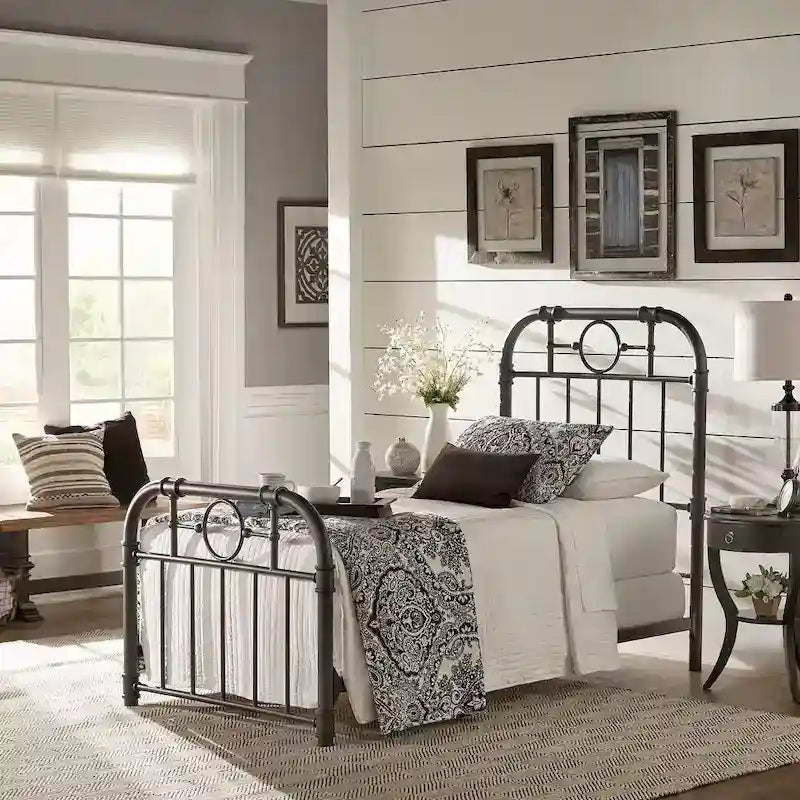 Metal Bed Frame - Black - Curved Headboard and Footboard